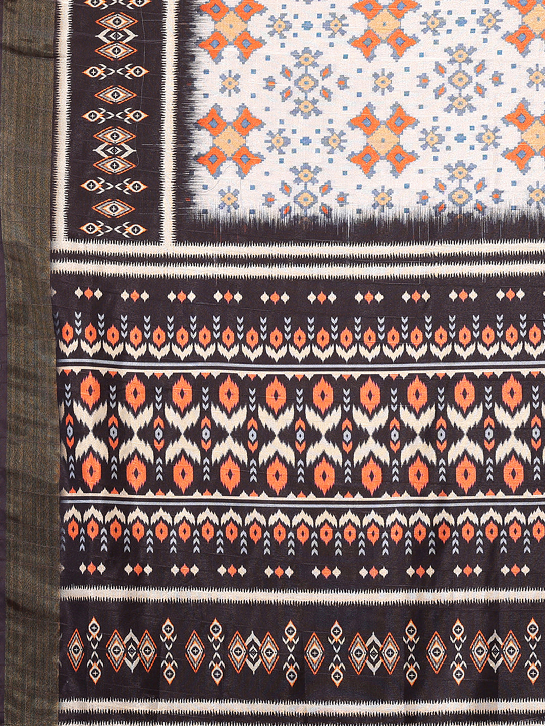 Janasya White & Black Chanderi Silk Ikkat Printed Saree