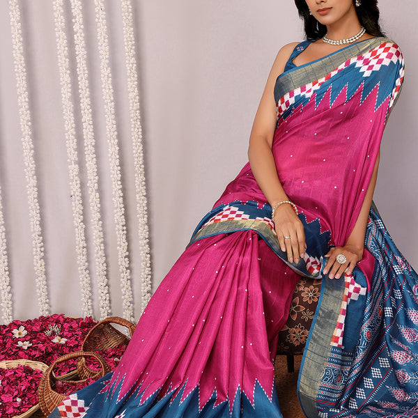 Janasya Pink & Blue Chanderi Silk Geometric Printed Saree