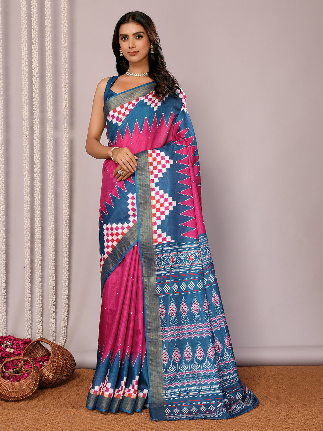 Janasya Pink & Blue Chanderi Silk Geometric Printed Saree