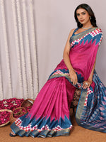 Thumbnail for Janasya Pink & Blue Chanderi Silk Geometric Printed Saree