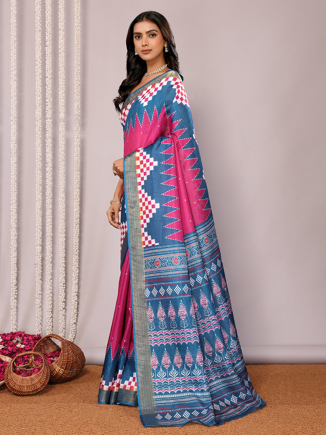 Janasya Pink & Blue Chanderi Silk Geometric Printed Saree