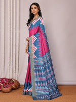 Thumbnail for Janasya Pink & Blue Chanderi Silk Geometric Printed Saree
