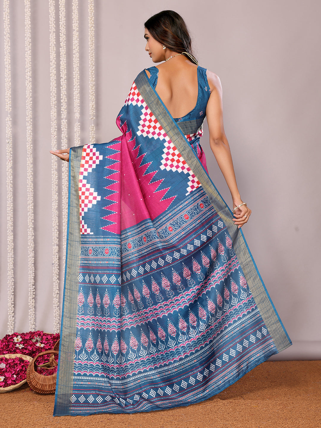 Janasya Pink & Blue Chanderi Silk Geometric Printed Saree