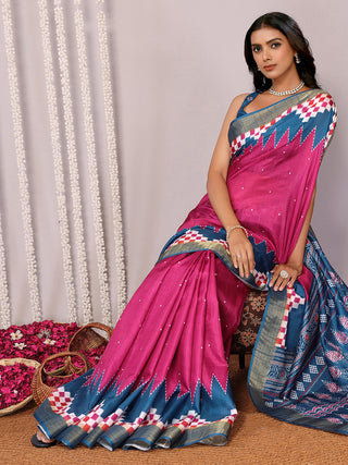Janasya Pink & Blue Chanderi Silk Geometric Printed Saree