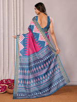 Thumbnail for Janasya Pink & Blue Chanderi Silk Geometric Printed Saree
