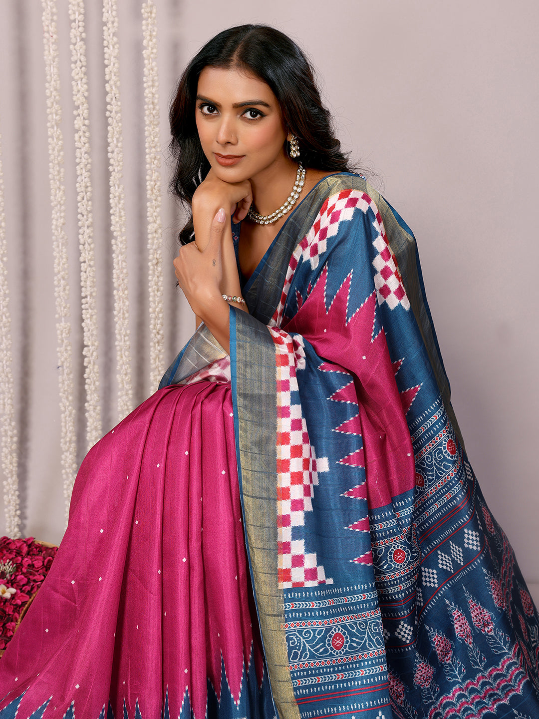Janasya Pink & Blue Chanderi Silk Geometric Printed Saree