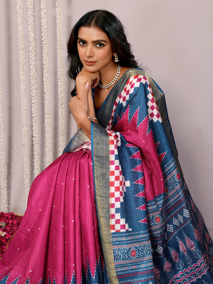 Janasya Pink & Blue Chanderi Silk Geometric Printed Saree - Distacart