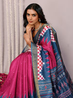 Thumbnail for Janasya Pink & Blue Chanderi Silk Geometric Printed Saree