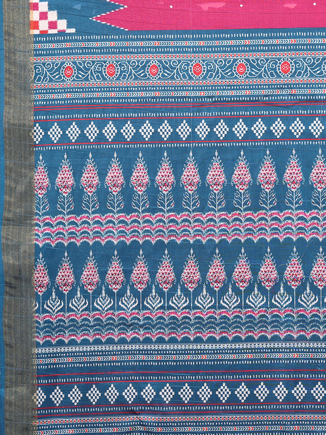 Janasya Pink & Blue Chanderi Silk Geometric Printed Saree