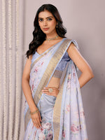 Thumbnail for Janasya Light Blue Chanderi Silk Floral Printed Saree