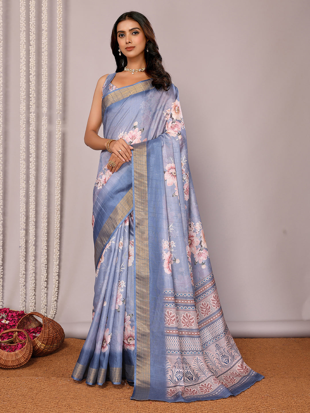Janasya Blue Chanderi Silk Floral Printed Saree