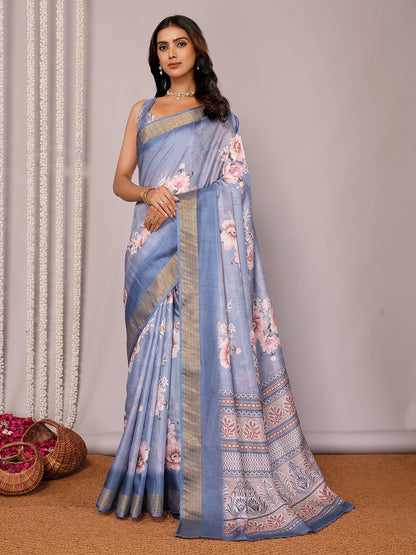 Janasya Blue Chanderi Silk Floral Printed Saree - Distacart
