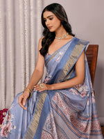 Thumbnail for Janasya Blue Chanderi Silk Floral Printed Saree