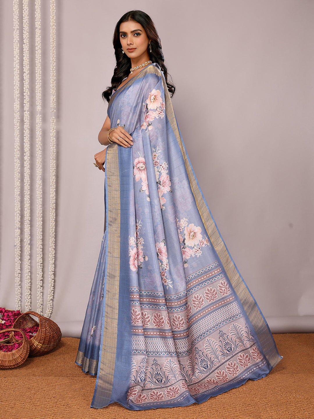 Janasya Blue Chanderi Silk Floral Printed Saree