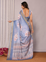 Thumbnail for Janasya Blue Chanderi Silk Floral Printed Saree