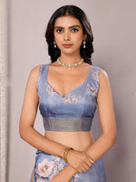 Thumbnail for Janasya Blue Chanderi Silk Floral Printed Saree