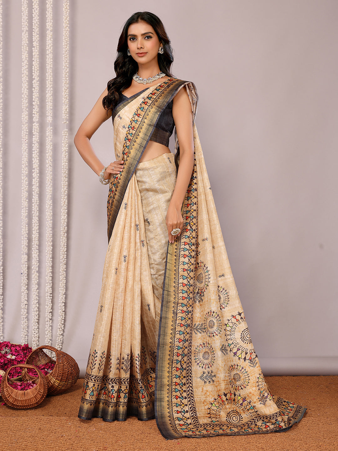 Janasya Beige Chanderi Silk Warli Print Printed Saree
