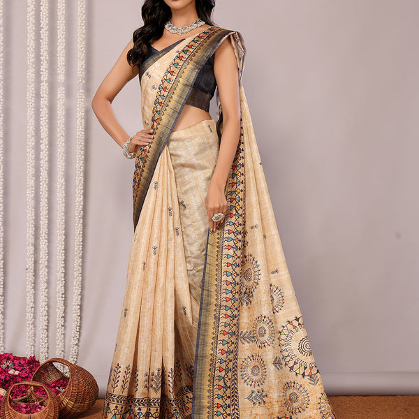 Janasya Beige Chanderi Silk Warli Print Printed Saree