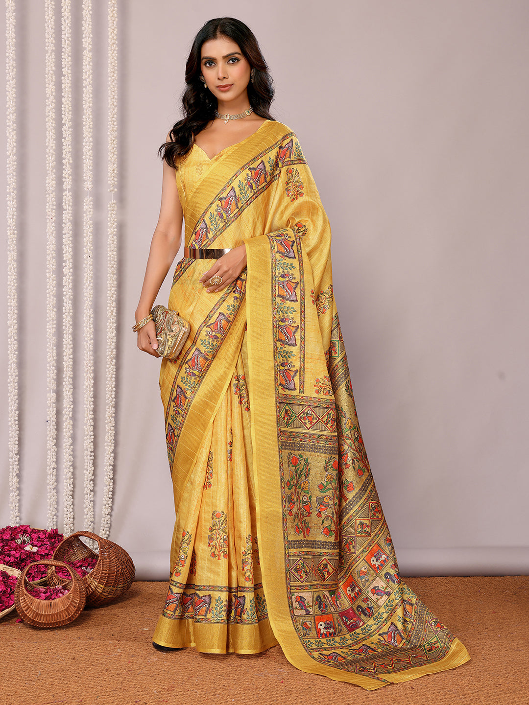 Janasya Yellow Chanderi Silk Kalamkari Printed Saree