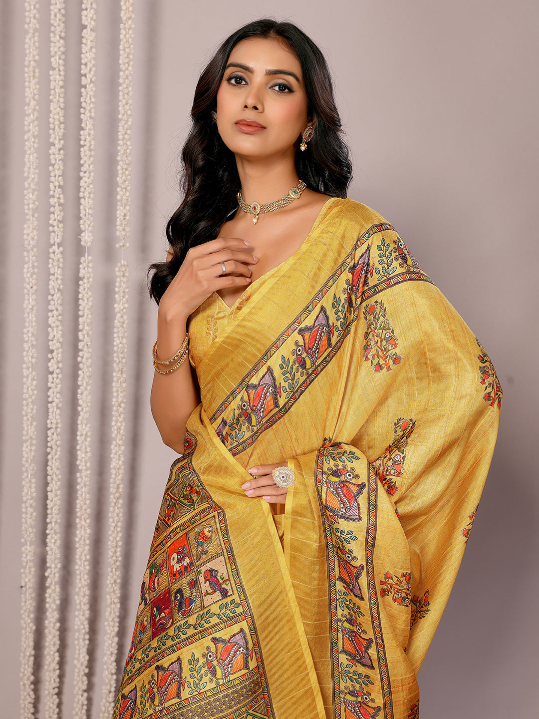 Janasya Yellow Chanderi Silk Kalamkari Printed Saree