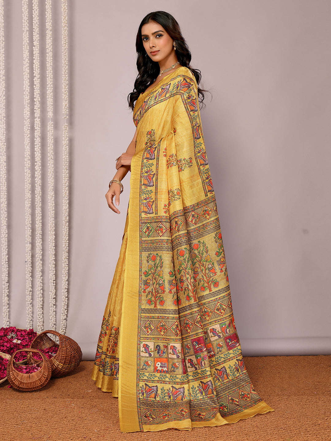 Janasya Yellow Chanderi Silk Kalamkari Printed Saree