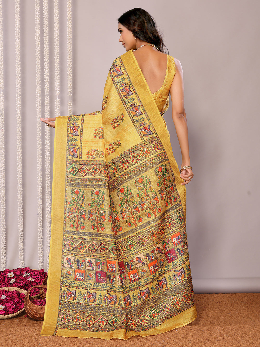 Janasya Yellow Chanderi Silk Kalamkari Printed Saree