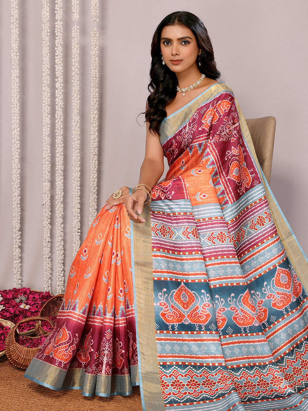 Janasya Orange Chanderi Silk Ikkat Printed Saree