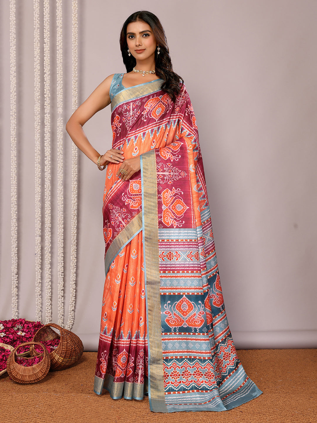 Janasya Orange Chanderi Silk Ikkat Printed Saree