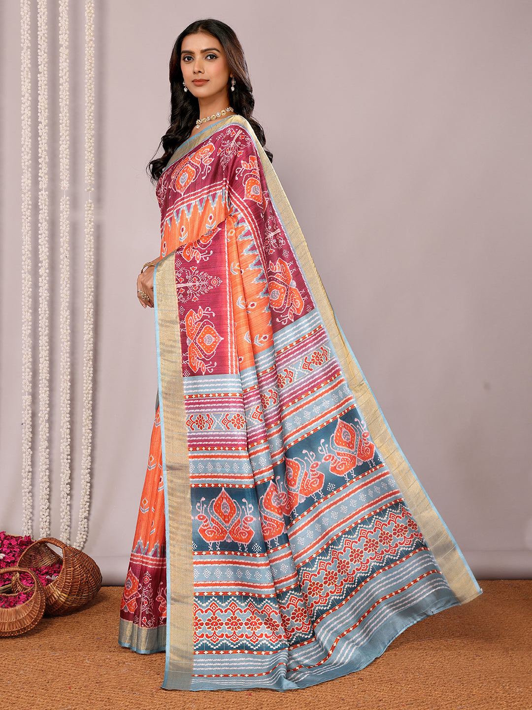Janasya Orange Chanderi Silk Ikkat Printed Saree