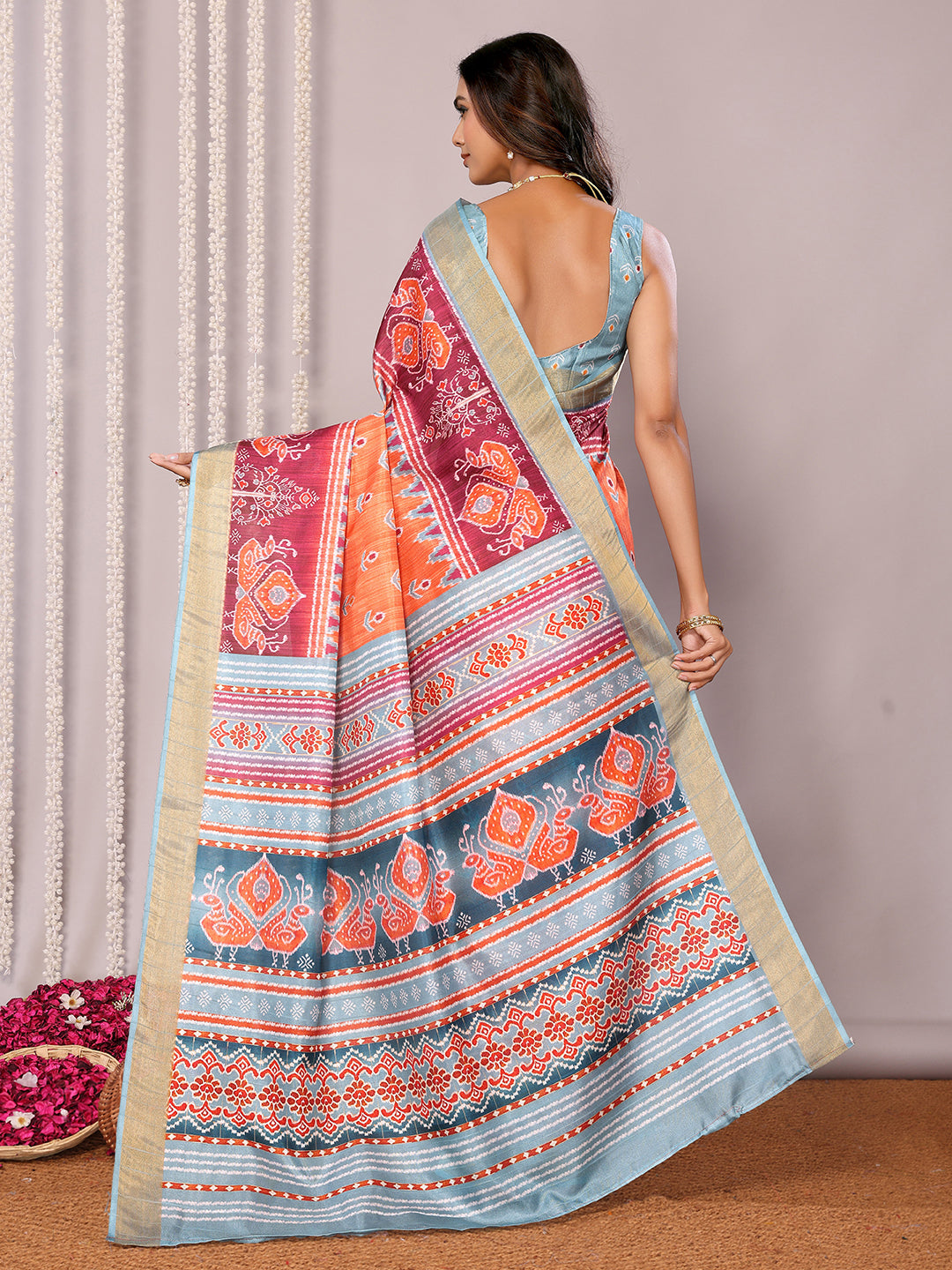 Janasya Orange Chanderi Silk Ikkat Printed Saree