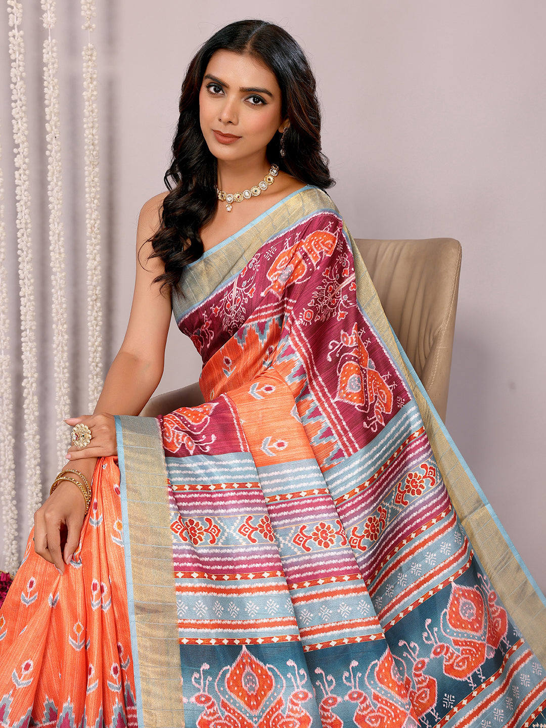 Janasya Orange Chanderi Silk Ikkat Printed Saree