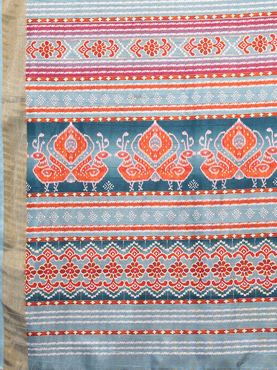 Janasya Orange Chanderi Silk Ikkat Printed Saree