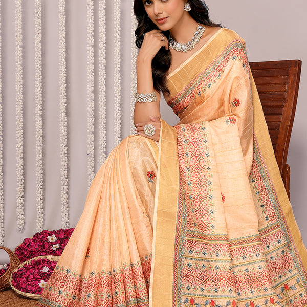 Janasya Beige Chanderi Silk Floral Printed Saree - Distacart