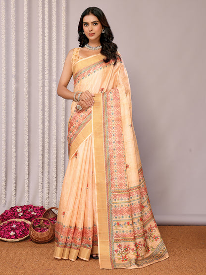 Janasya Beige Chanderi Silk Floral Printed Saree - Distacart