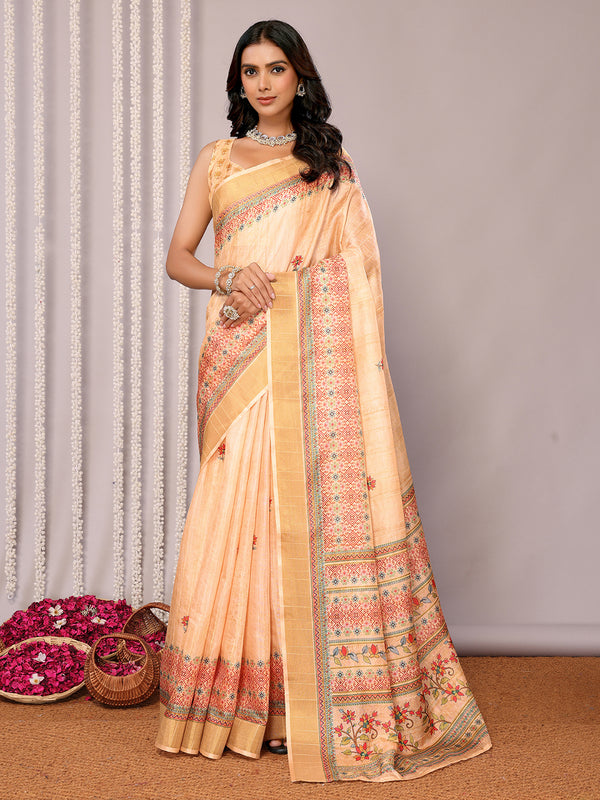 Janasya Beige Chanderi Silk Floral Printed Saree