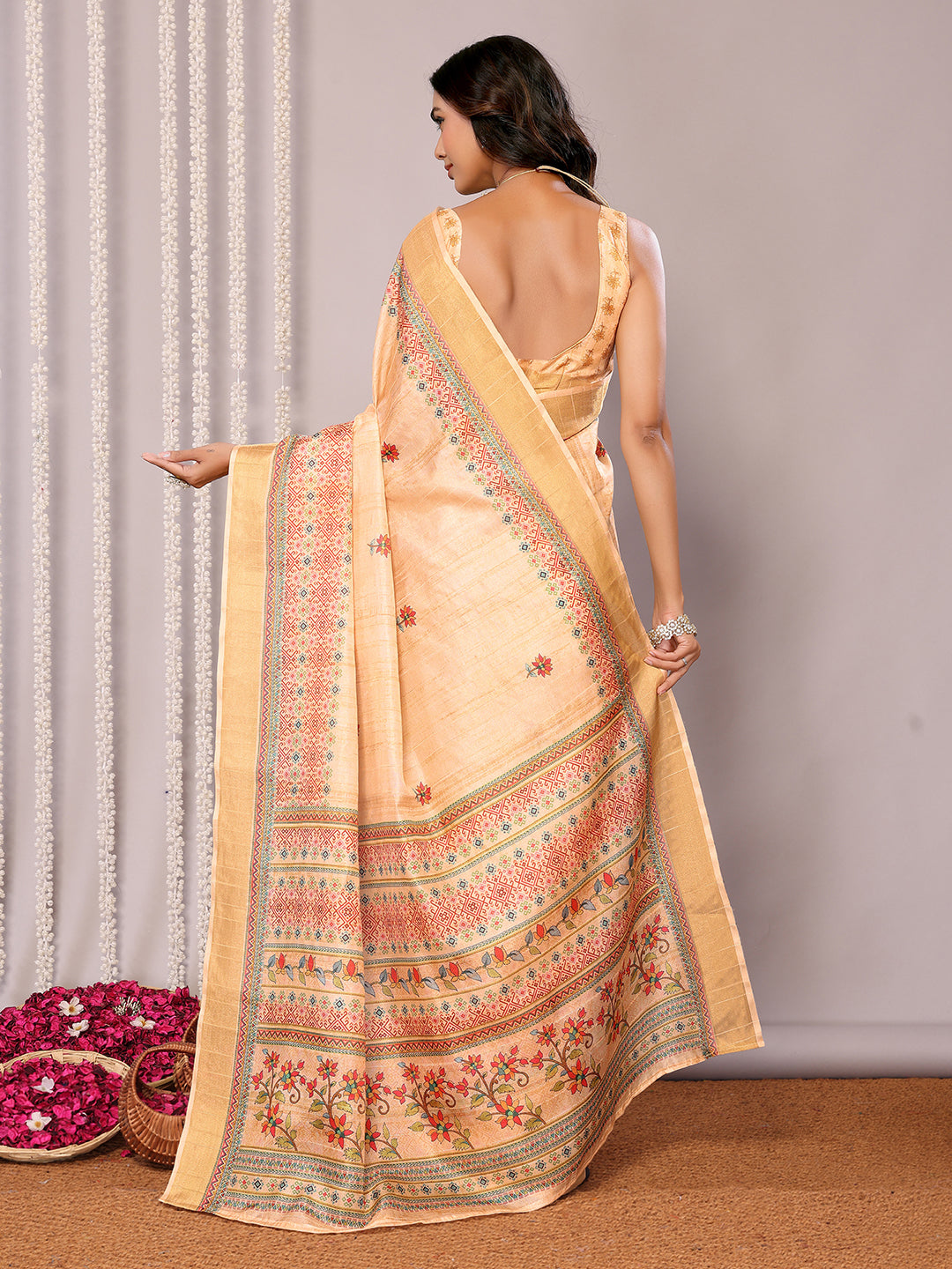 Janasya Beige Chanderi Silk Floral Printed Saree
