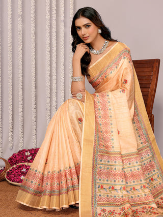 Janasya Beige Chanderi Silk Floral Printed Saree