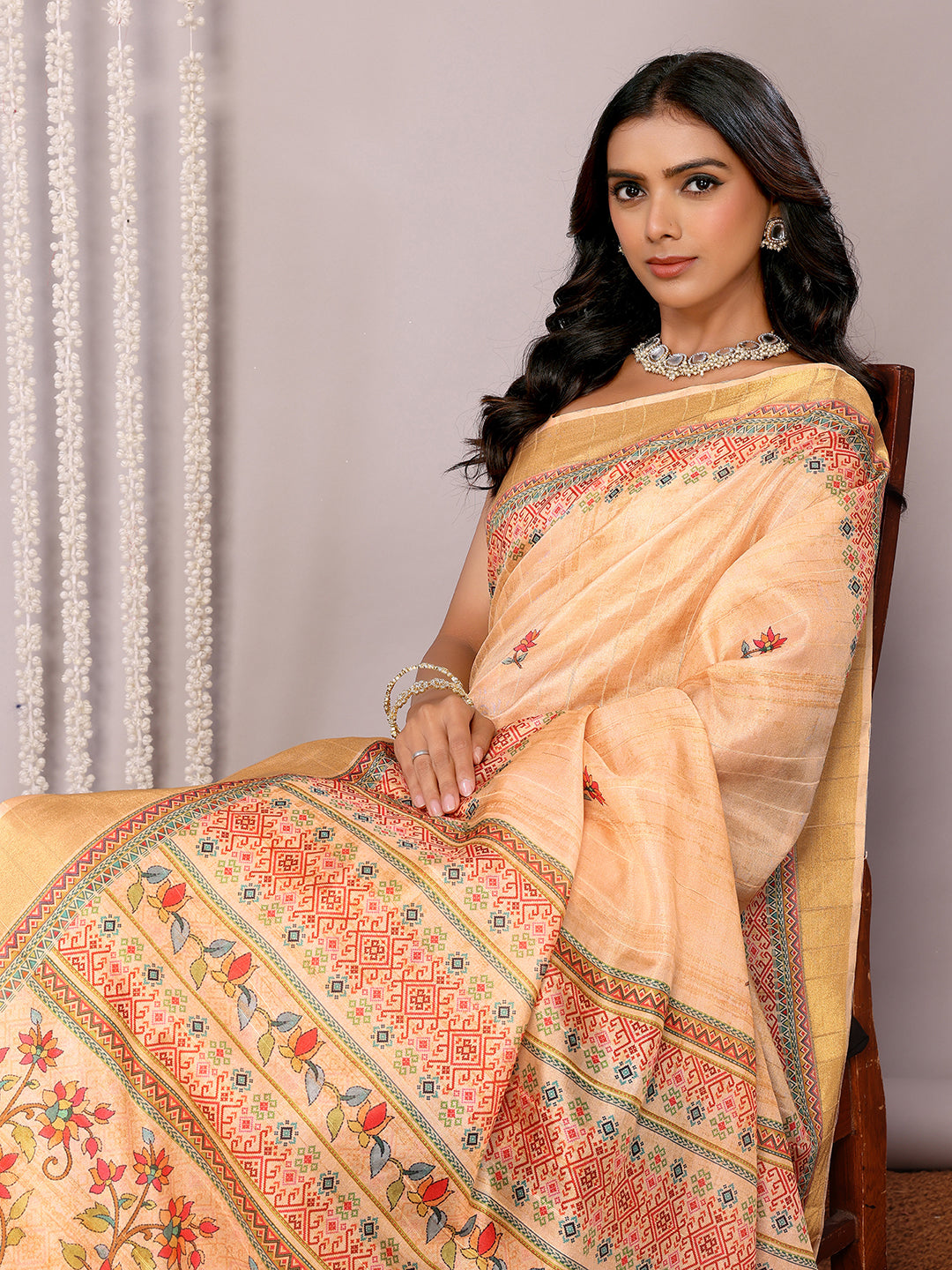 Janasya Beige Chanderi Silk Floral Printed Saree