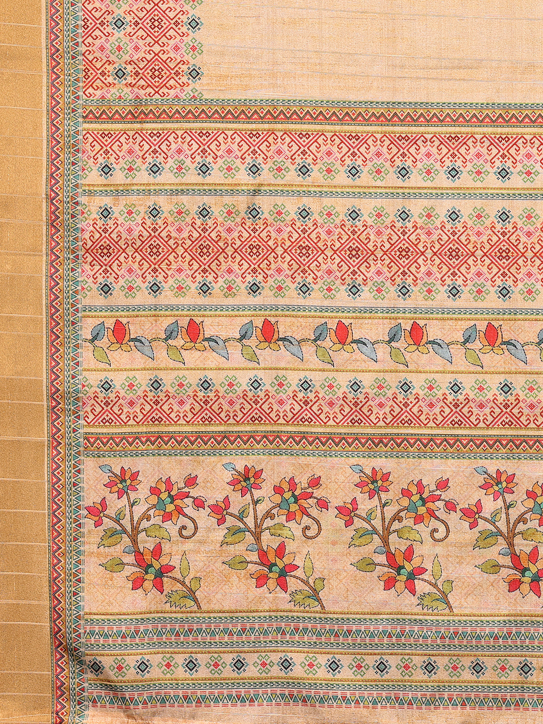 Janasya Beige Chanderi Silk Floral Printed Saree