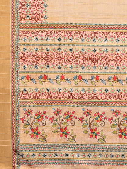 Janasya Beige Chanderi Silk Floral Printed Saree - Distacart