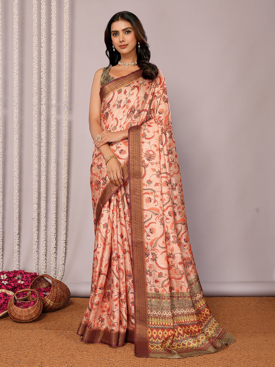 Janasya Peach Chanderi Silk Floral Printed Saree