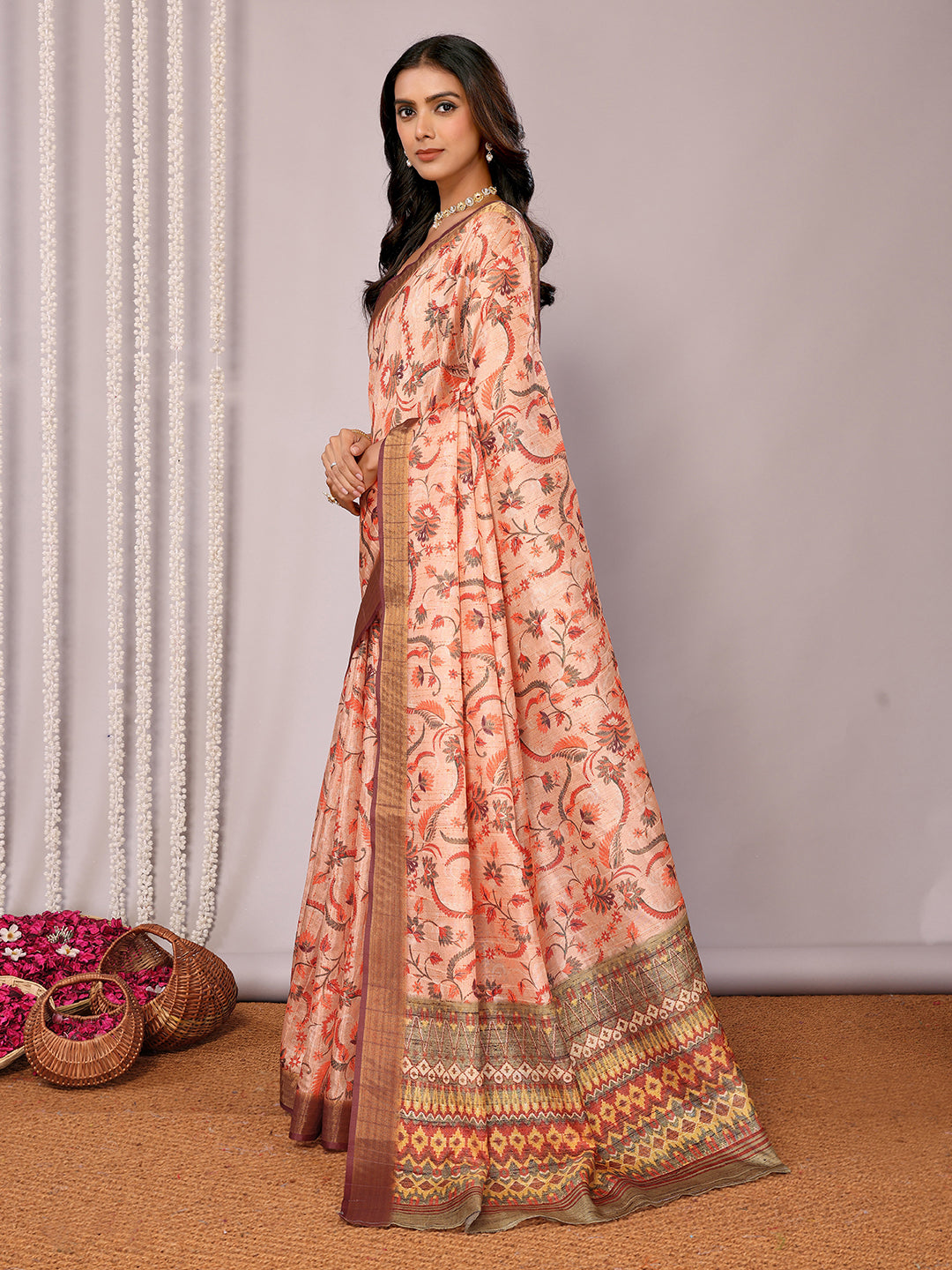 Janasya Peach Chanderi Silk Floral Printed Saree