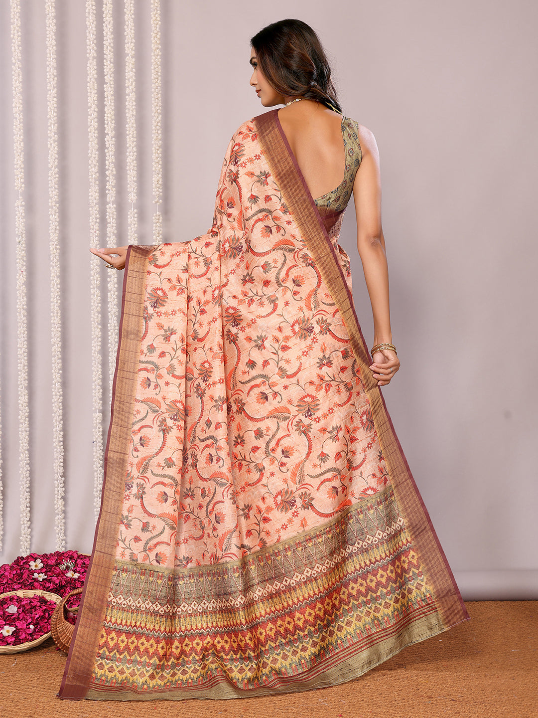 Janasya Peach Chanderi Silk Floral Printed Saree