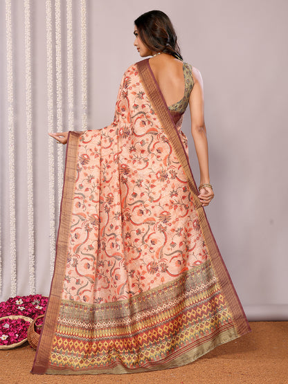 Janasya Peach Chanderi Silk Floral Printed Saree - Distacart