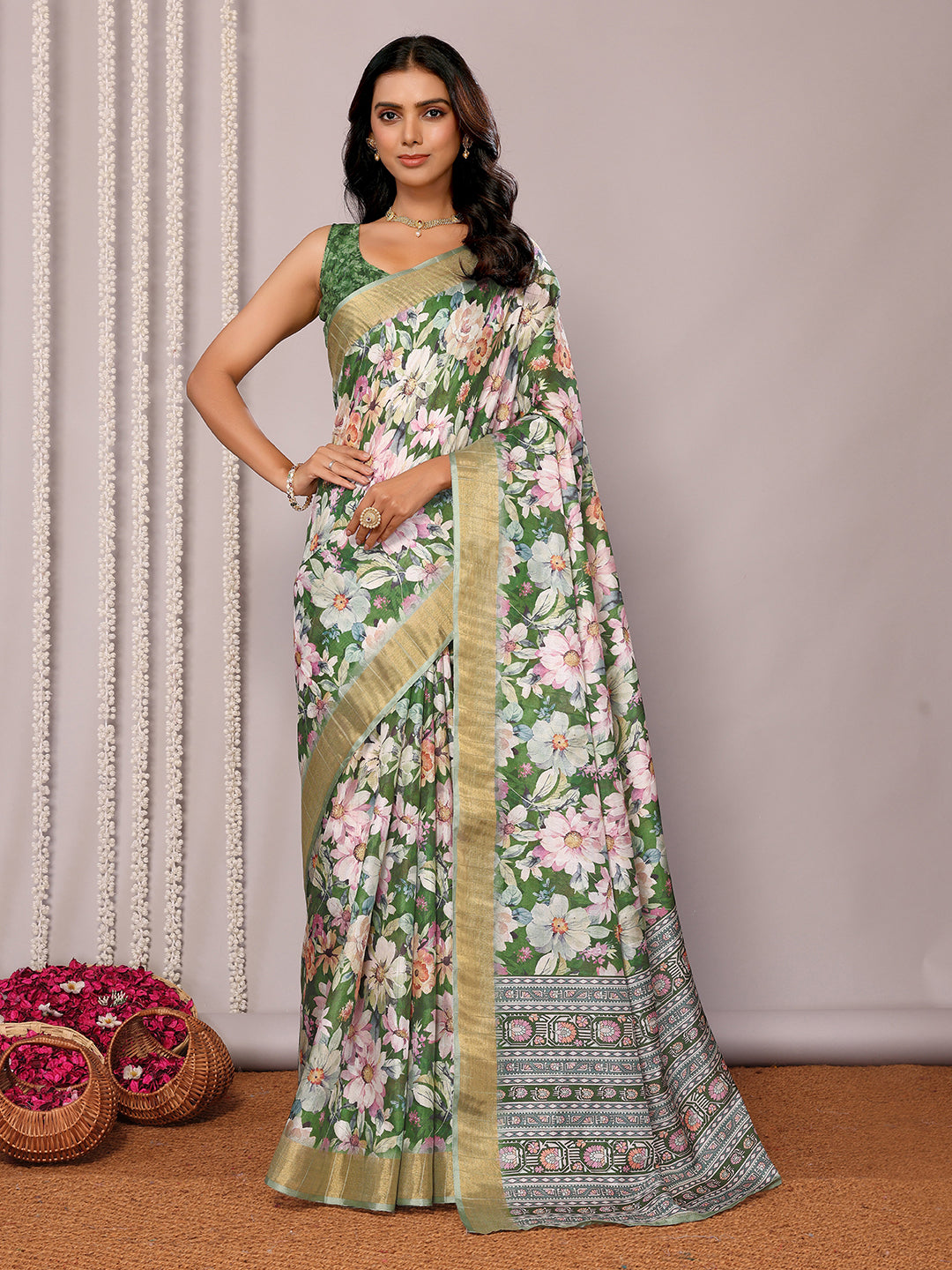 Janasya Green Chanderi Silk Floral Printed Saree