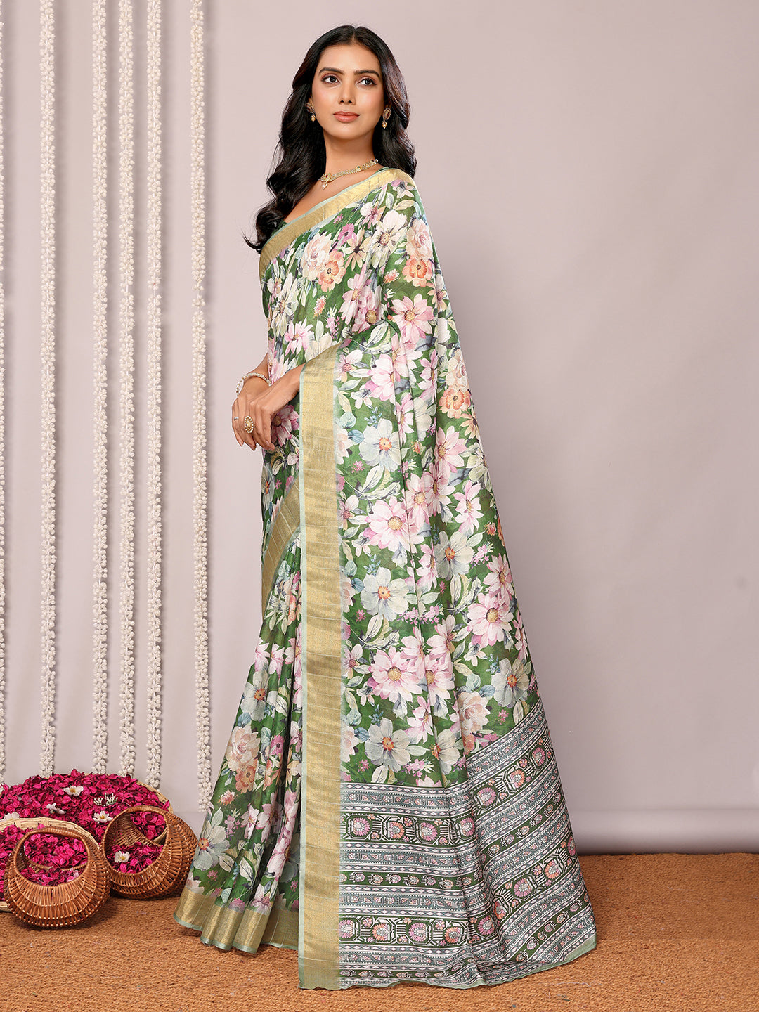 Janasya Green Chanderi Silk Floral Printed Saree