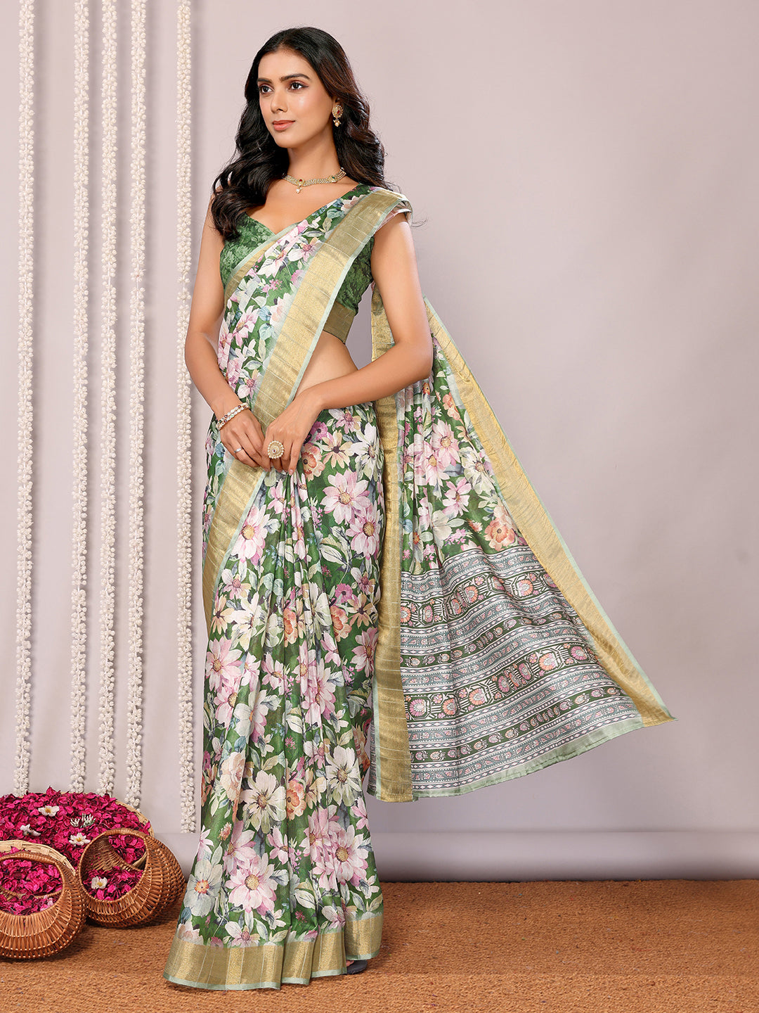 Janasya Green Chanderi Silk Floral Printed Saree