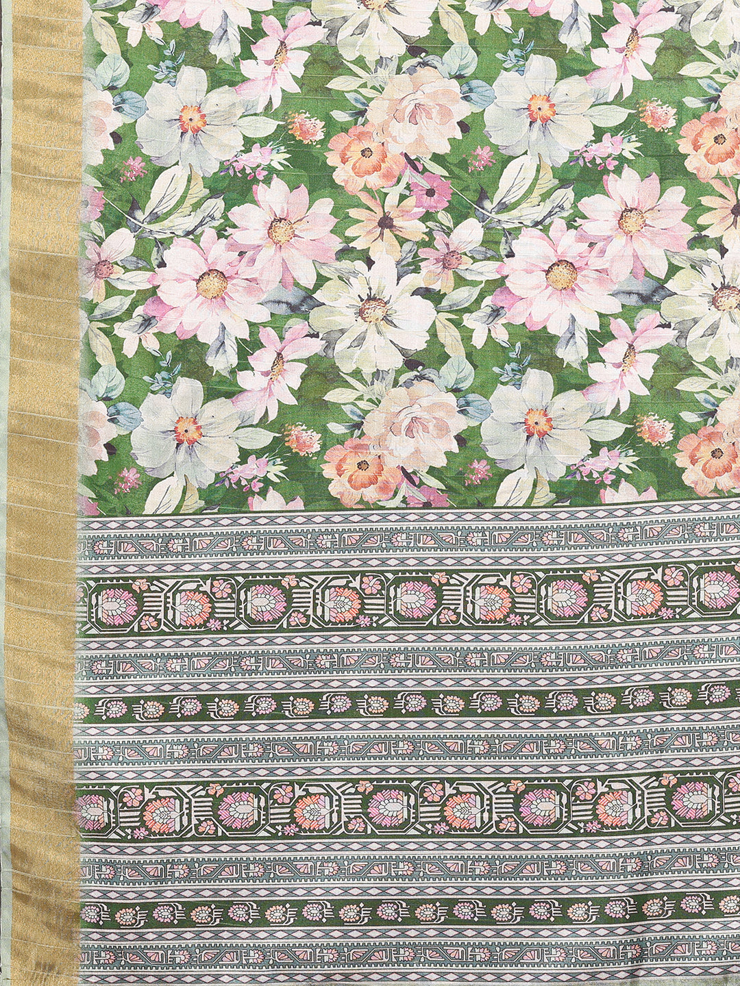 Janasya Green Chanderi Silk Floral Printed Saree