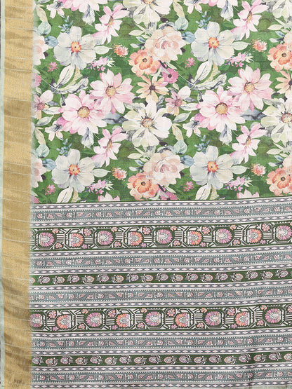 Janasya Green Chanderi Silk Floral Printed Saree - Distacart