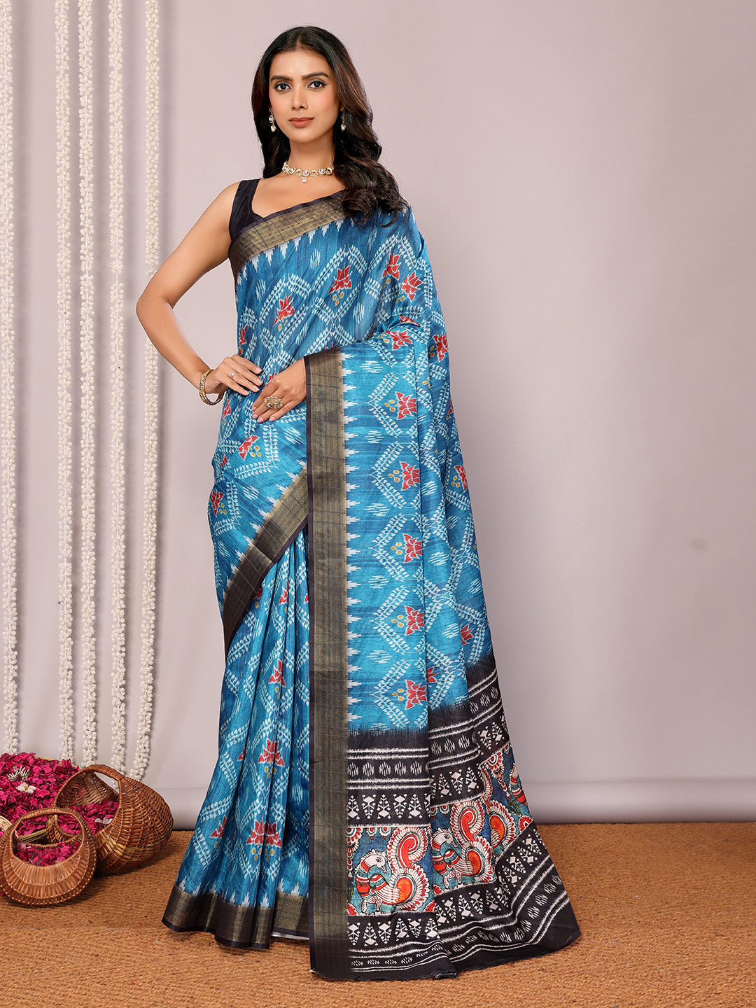 Janasya Blue Chanderi Silk Ikkat Printed Saree